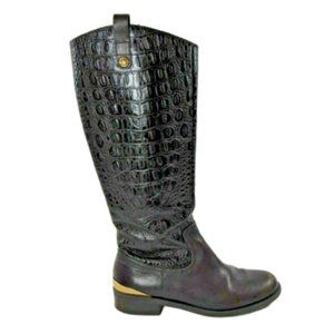 VINCE CAMUTO Brown Leather All Over Gator Print Knee High Riding Boots Sz 6 M
